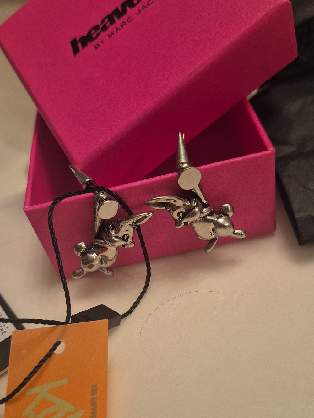 Marc Jacobs Silver Bunny Drop Earrings with Hot Pink Box Accent